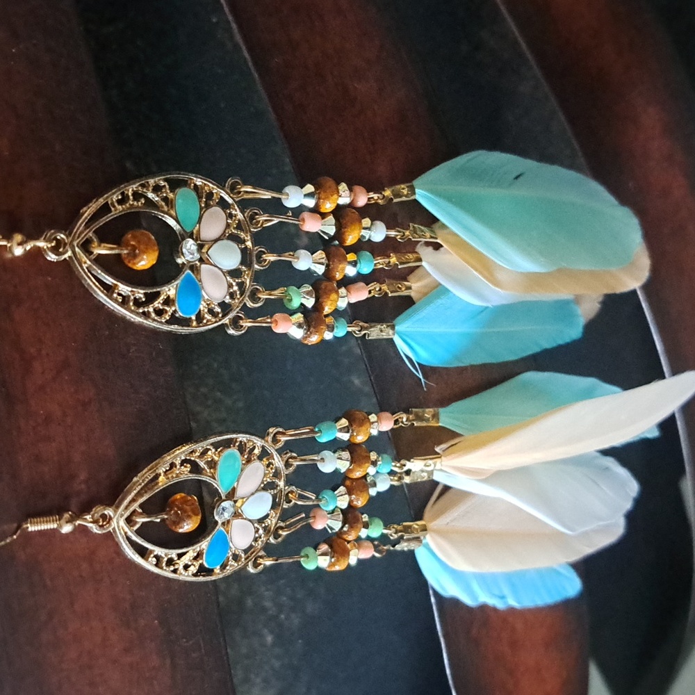 Bohemian Feather Dangle Earrings - Picture 3 of 3